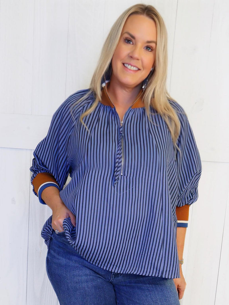 Denim Blue Stripe Half Zip CollaredTop