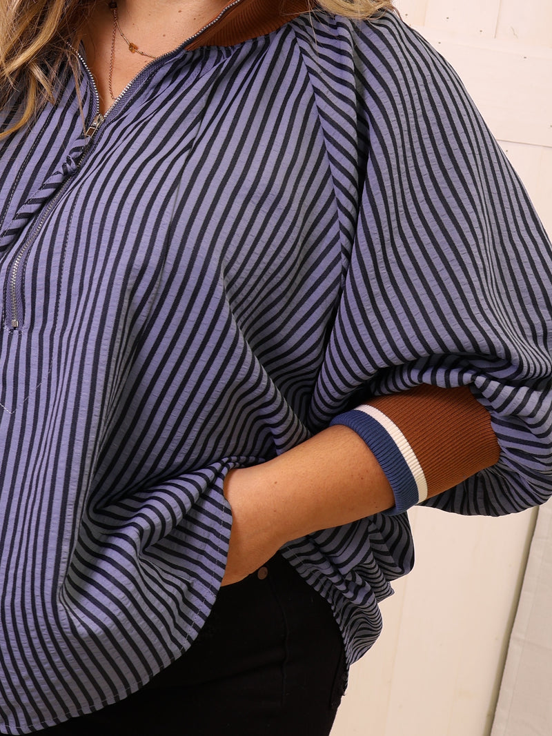 Denim Blue Stripe Half Zip CollaredTop