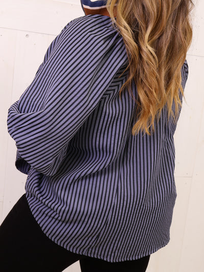 Denim Blue Stripe Half Zip CollaredTop