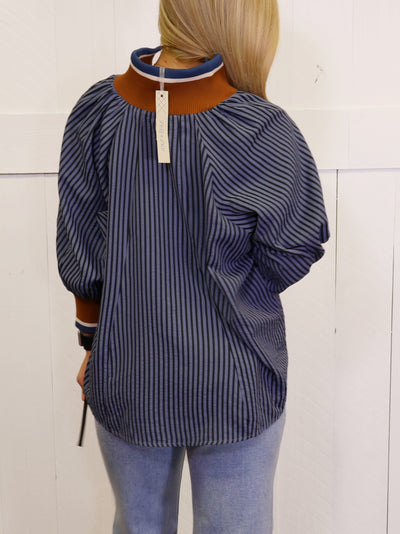 Denim Blue Stripe Half Zip CollaredTop