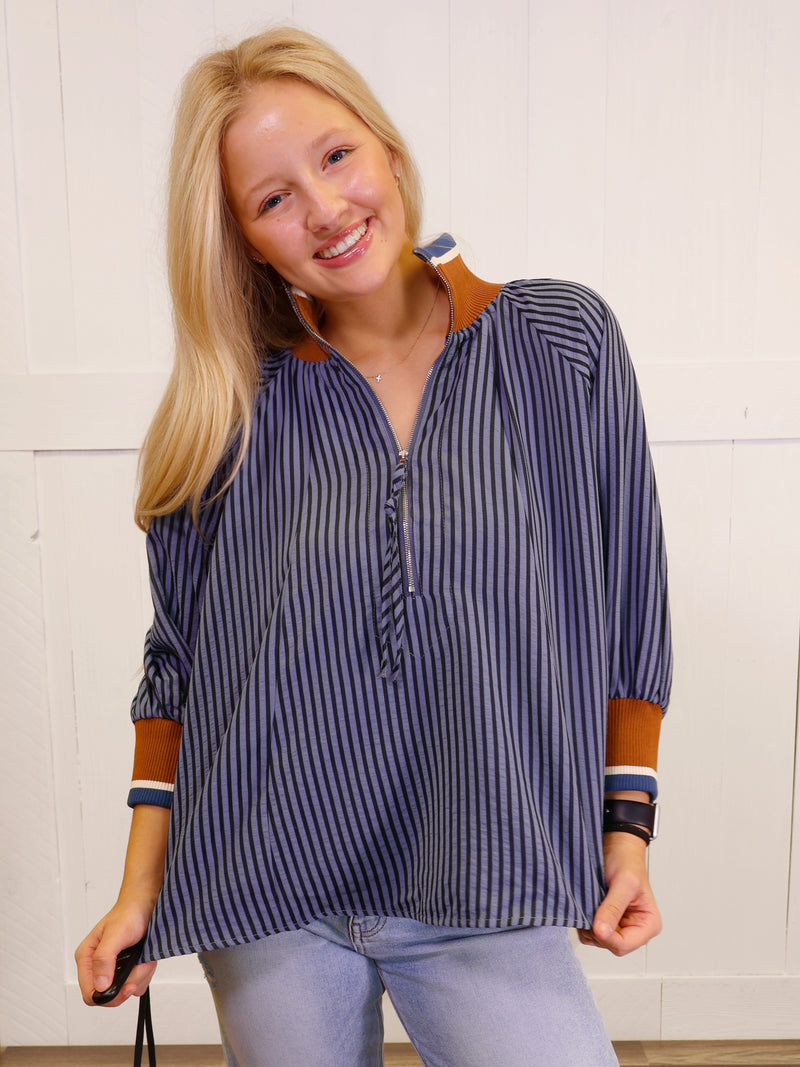 Denim Blue Stripe Half Zip CollaredTop