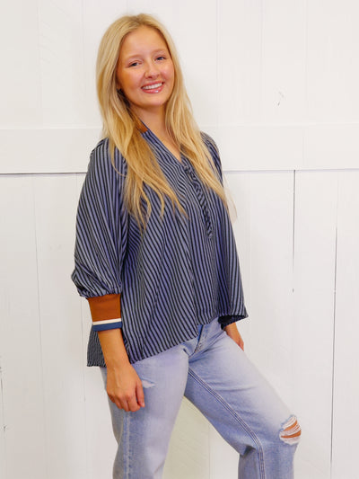 Denim Blue Stripe Half Zip CollaredTop