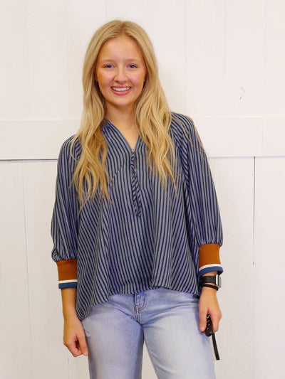 Denim Blue Stripe Half Zip CollaredTop