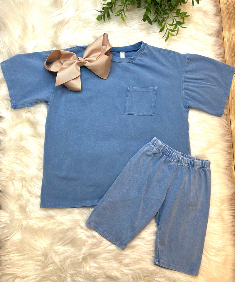 Denim blue biker short set by good girl