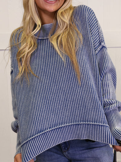 Dusty Blue Washed Side Slit Oversized Cropped Sweater Pullover Top