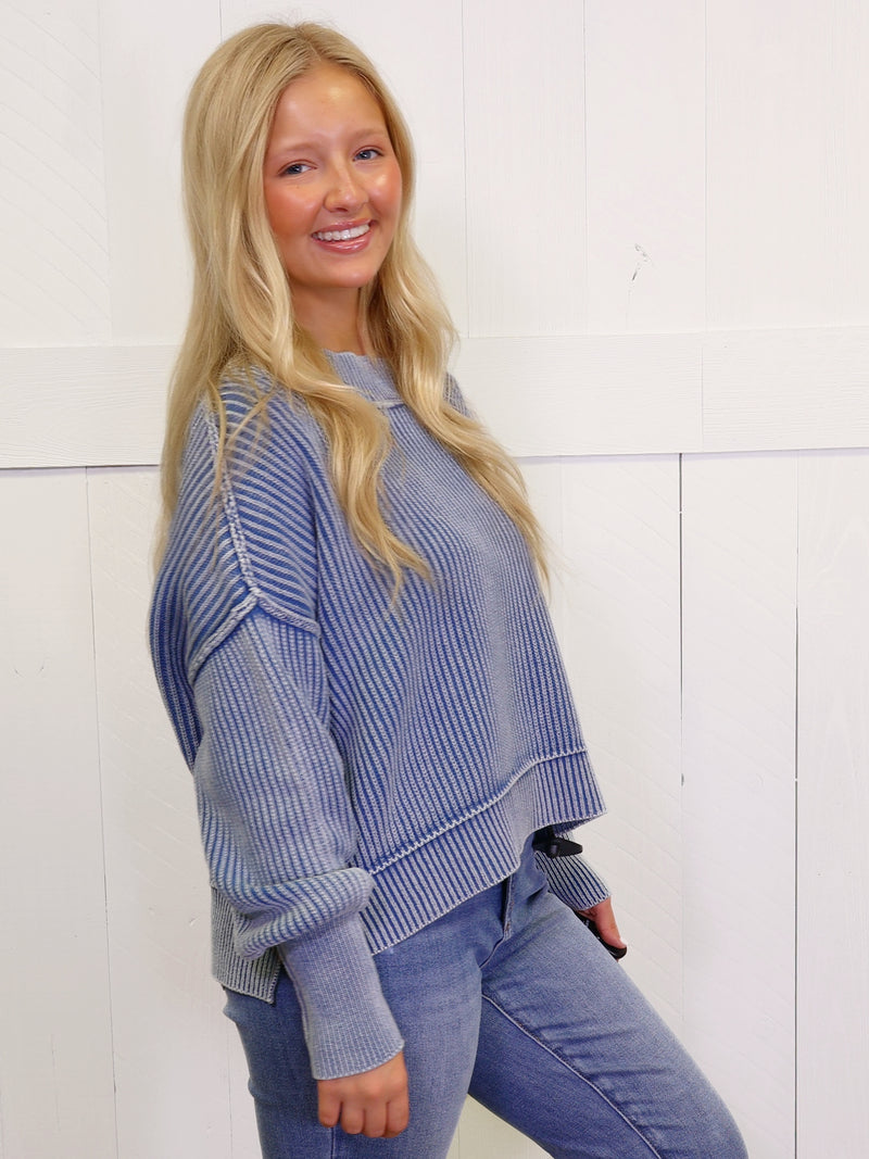 Dusty Blue Washed Side Slit Oversized Cropped Sweater Pullover Top