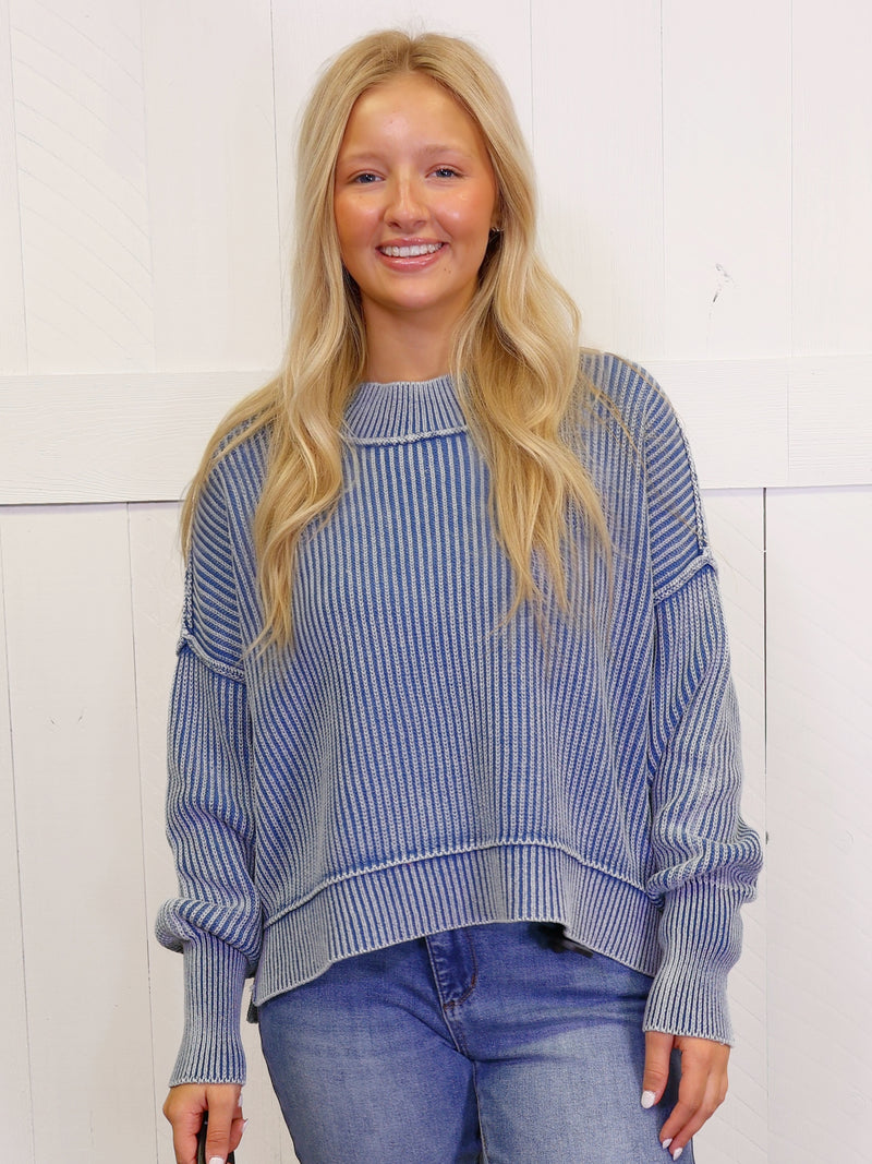 Dusty Blue Washed Side Slit Oversized Cropped Sweater Pullover Top