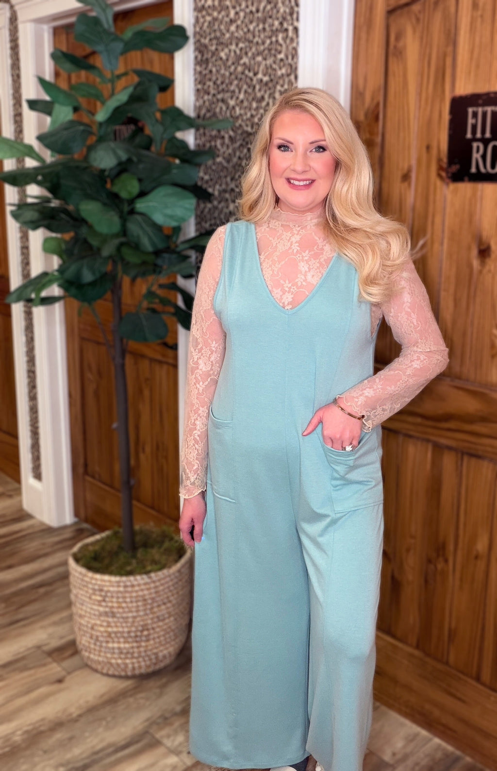 Dusty Teal Deep V Jumpsuit Romper Women's