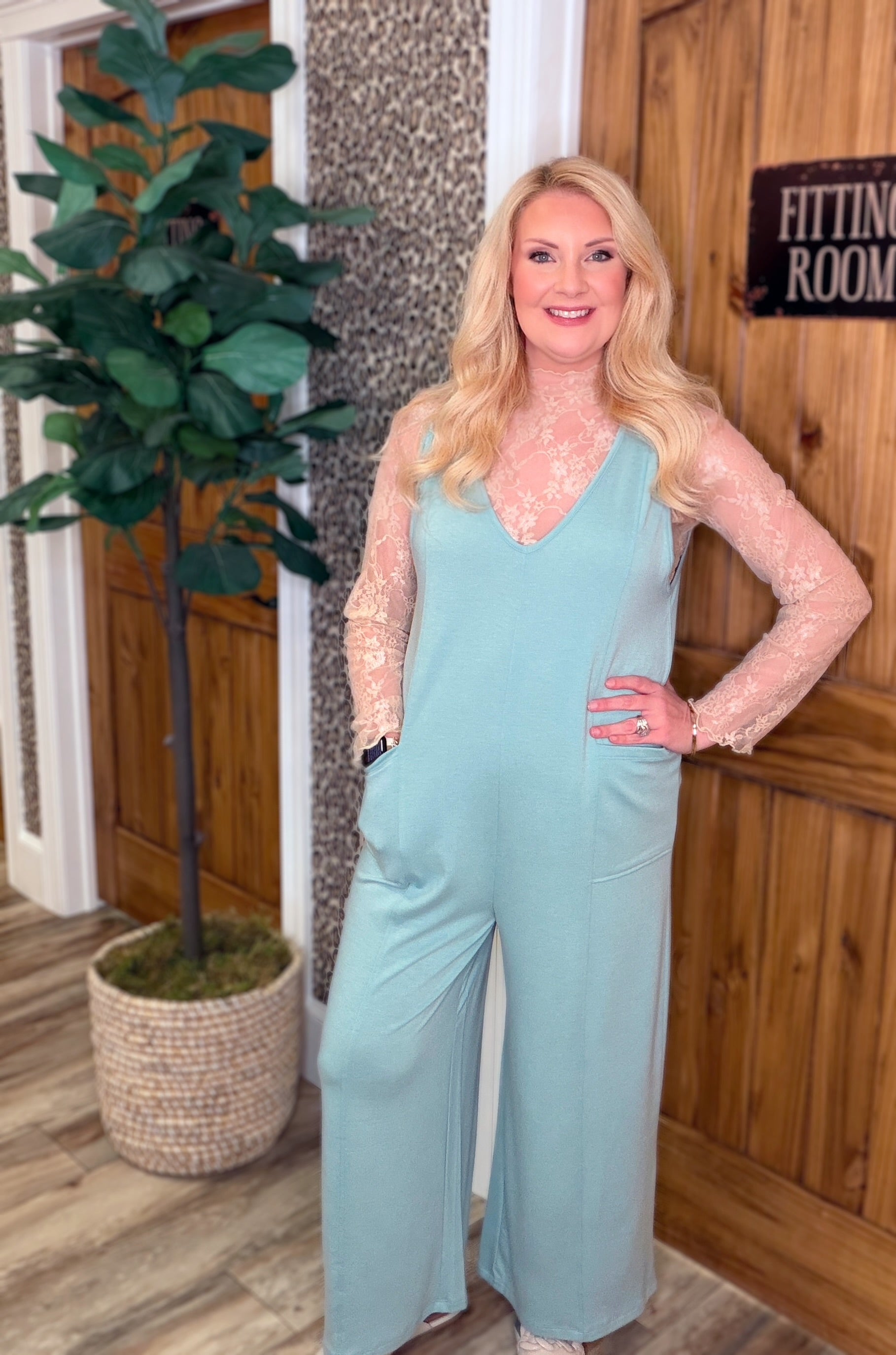 Dusty Teal Deep V Jumpsuit Romper Women's