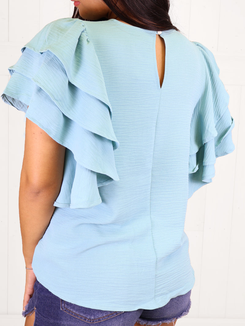 Dusty Teal Ruffle Sleeve Top