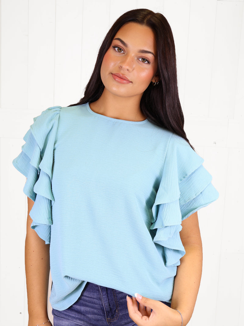 Dusty Teal Ruffle Sleeve Top