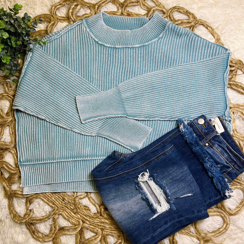 Dusty Teal Washed Side Slit Oversized Cropped Sweater Pullover Top