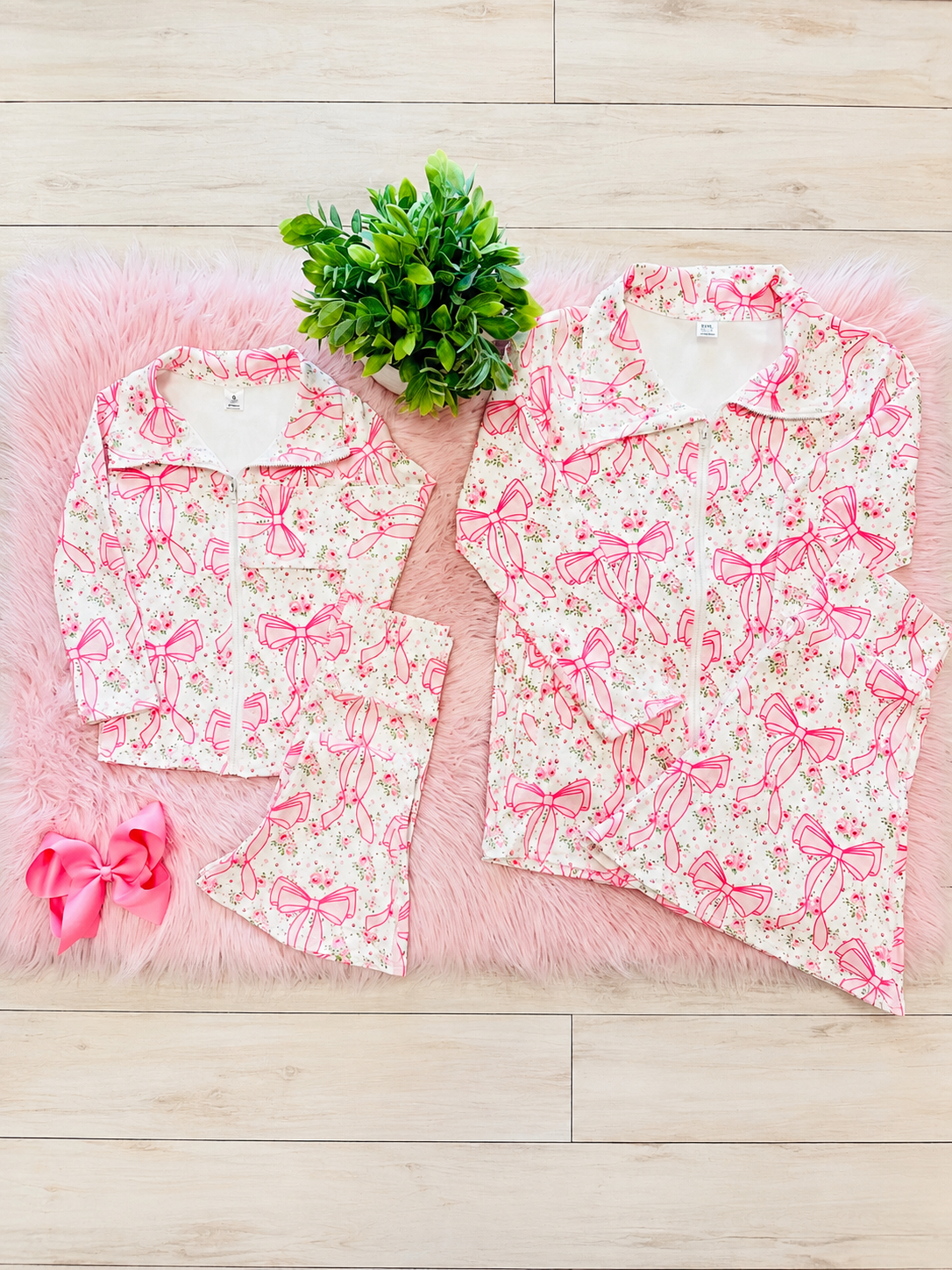 Girl’s Pink Bow Zip up Jacket and Flare Pant Outfit Set