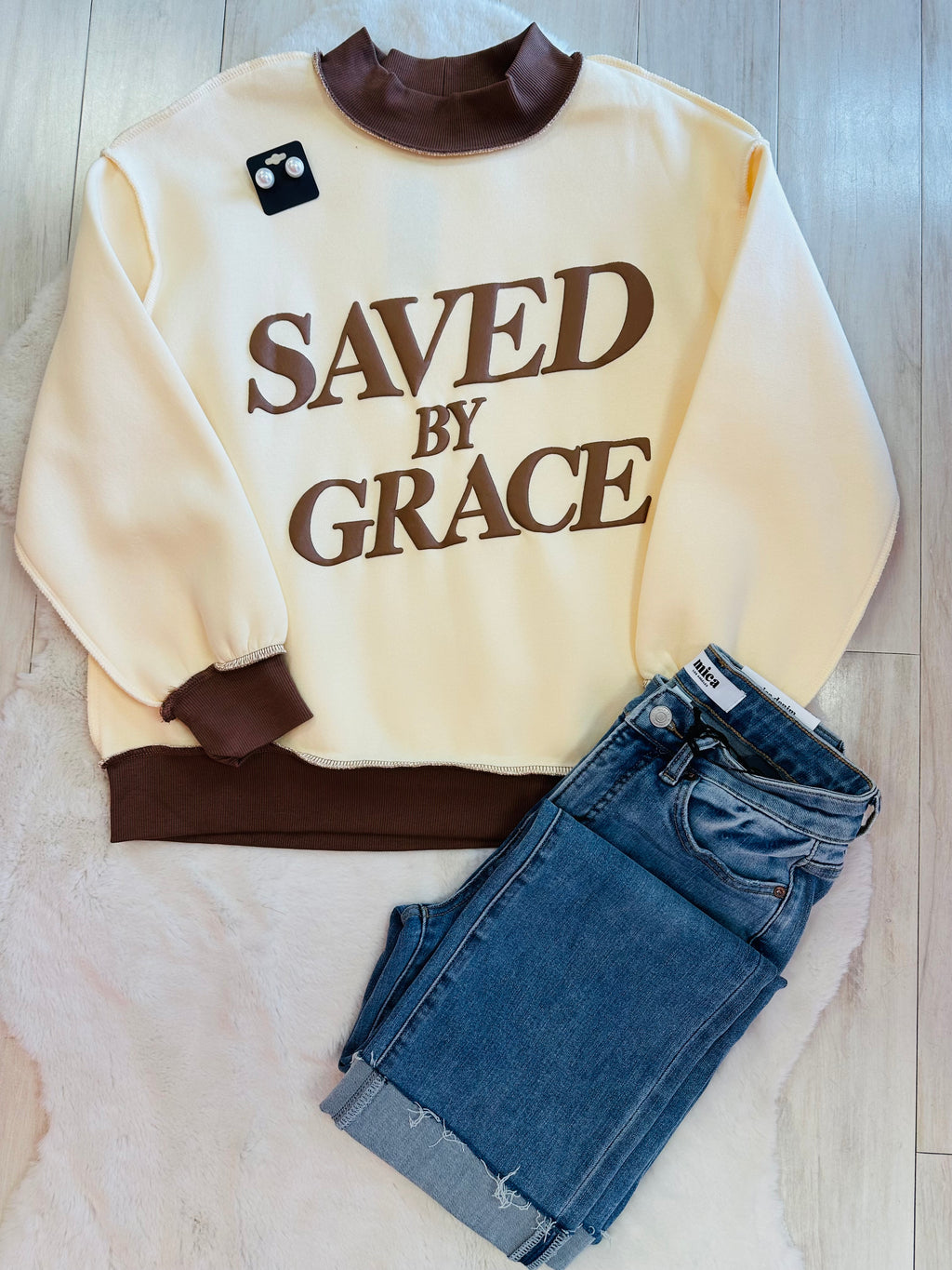 Women’s Evermmee “SAVED BY GRACE” mock neck sweatshirt