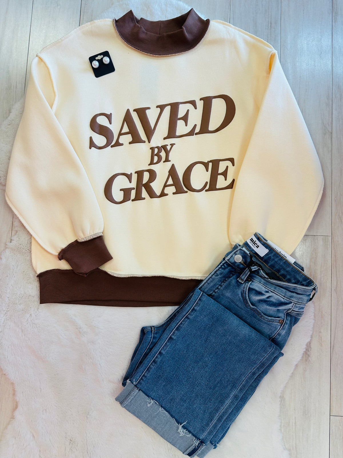 Women’s Evermmee “SAVED BY GRACE” mock neck sweatshirt