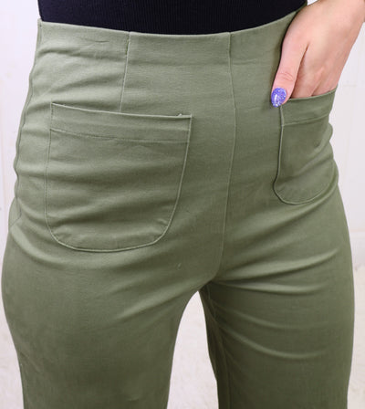 Olive Stretch Front Pocket Ruffle Hem Twill Pants
