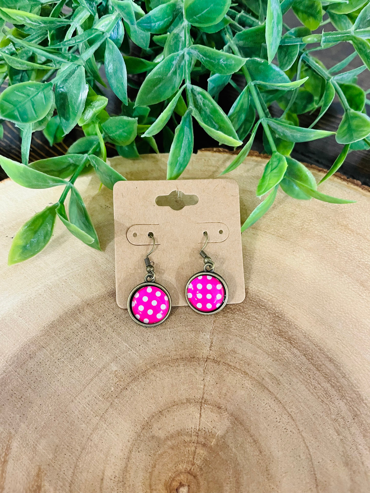 Women’s Hot Pink and White Polka Dot Circle Dangle Earrings