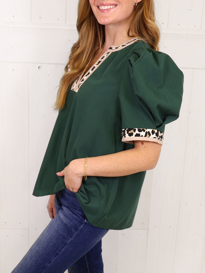 Entro Hunter Green Cheetah Trim Top