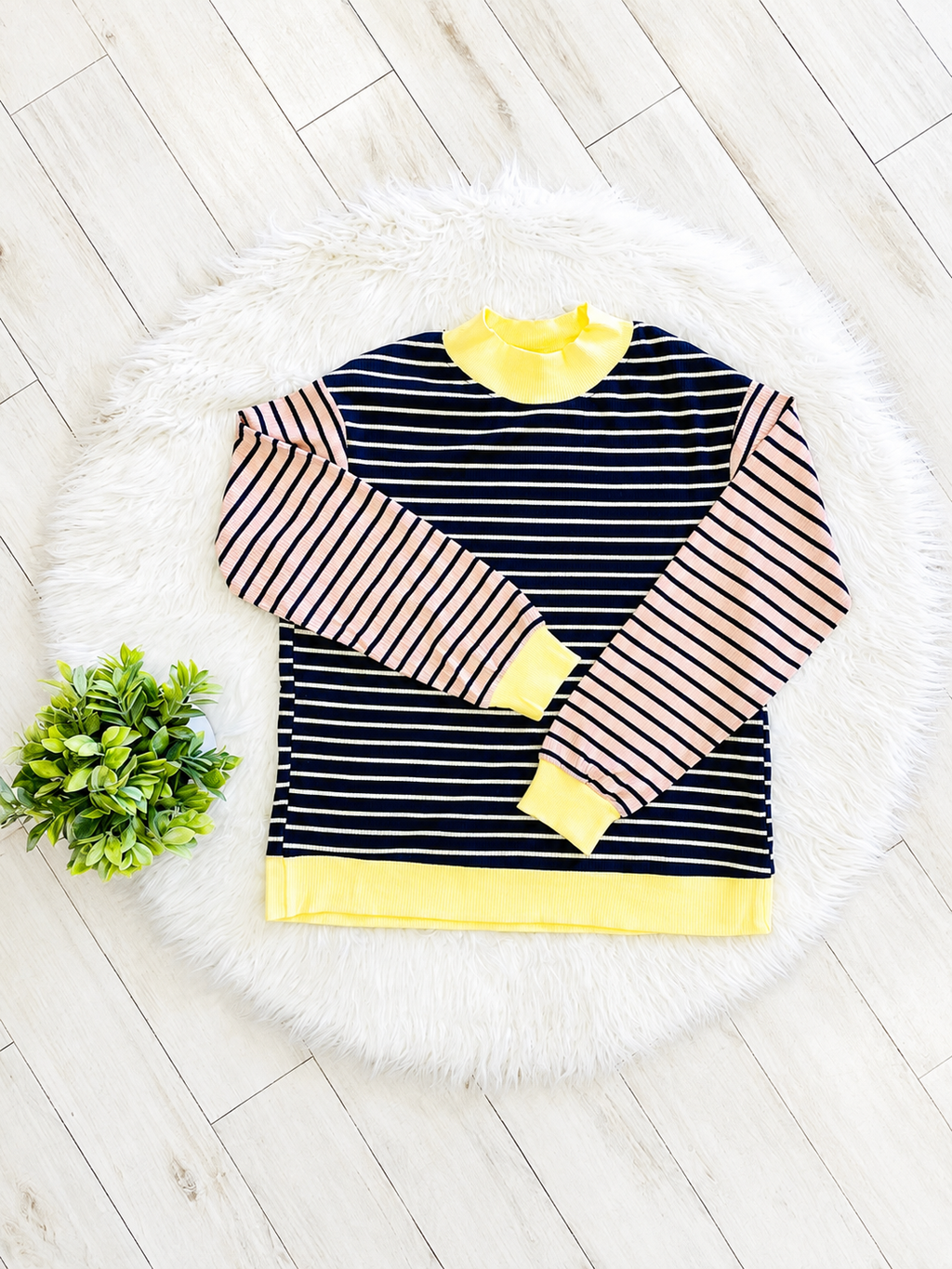 Women’s Navy Stripe Top with Yellow Trim and Peachy Pink Sleeves