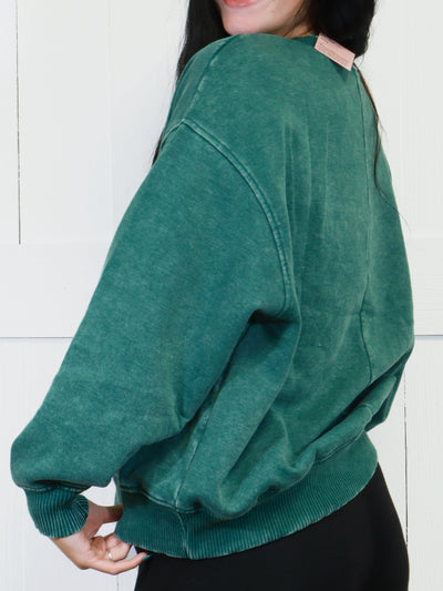 Zenana Basic Acid Wash Oversized Fleece Pullover Sweater Dark Green Sweater Top