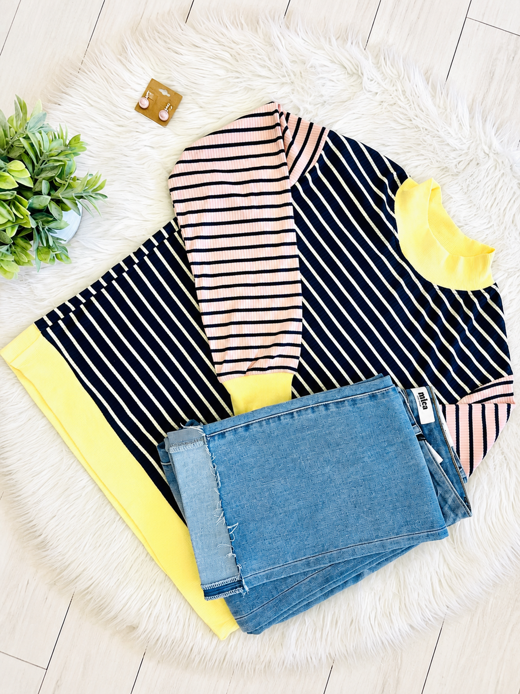 Women’s Navy Stripe Top with Yellow Trim and Peachy Pink Sleeves