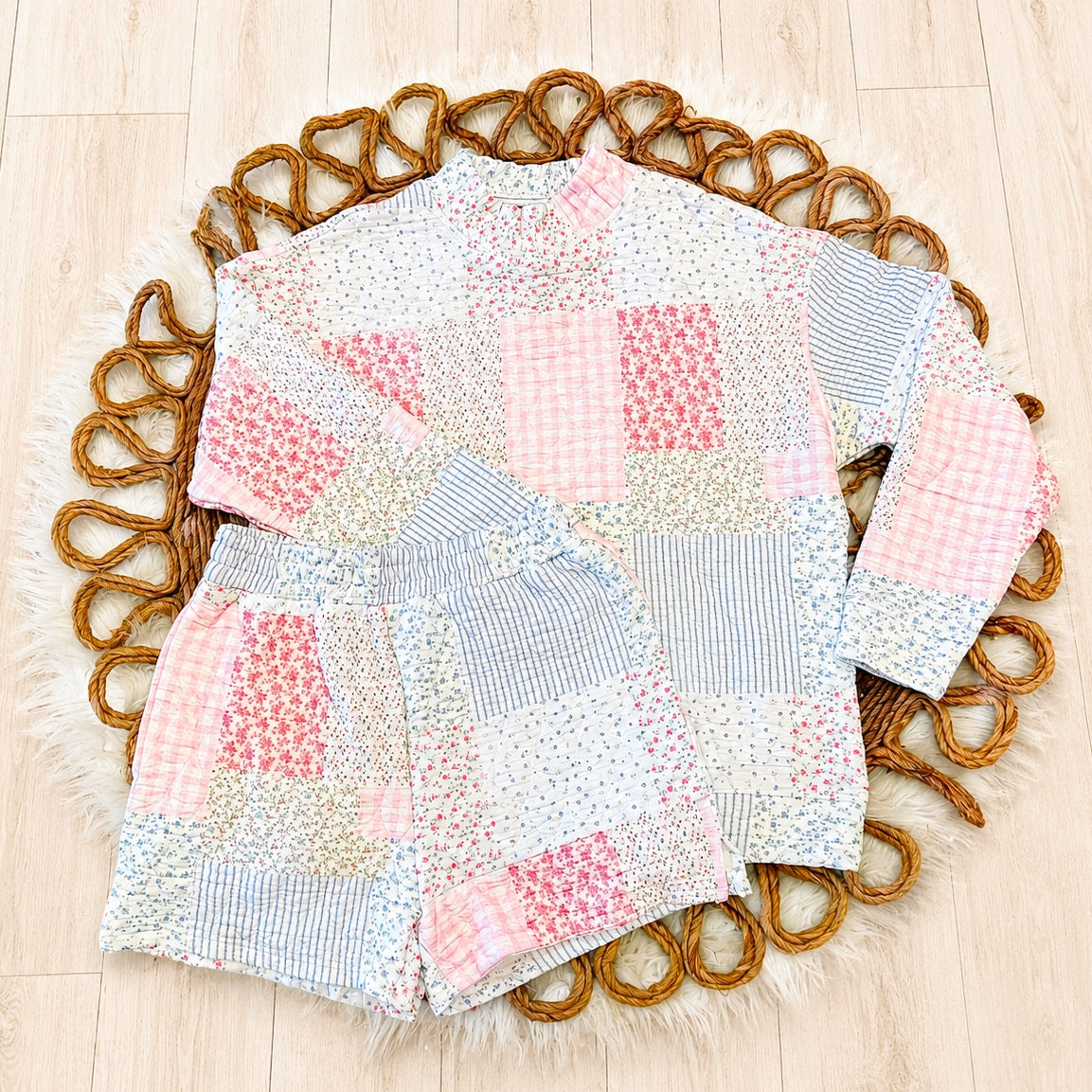Evermmee Patchwork Mockneck Pullover and Short Set Women’s