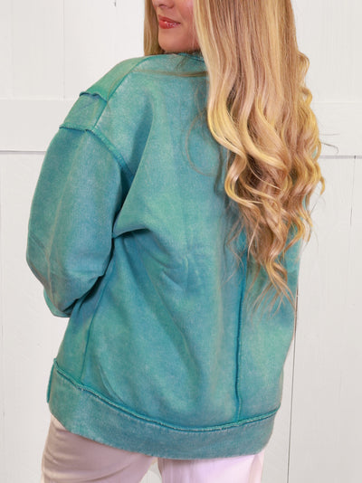Turquoise Acid Wash Exposed Seam Sweater Pullover Top
