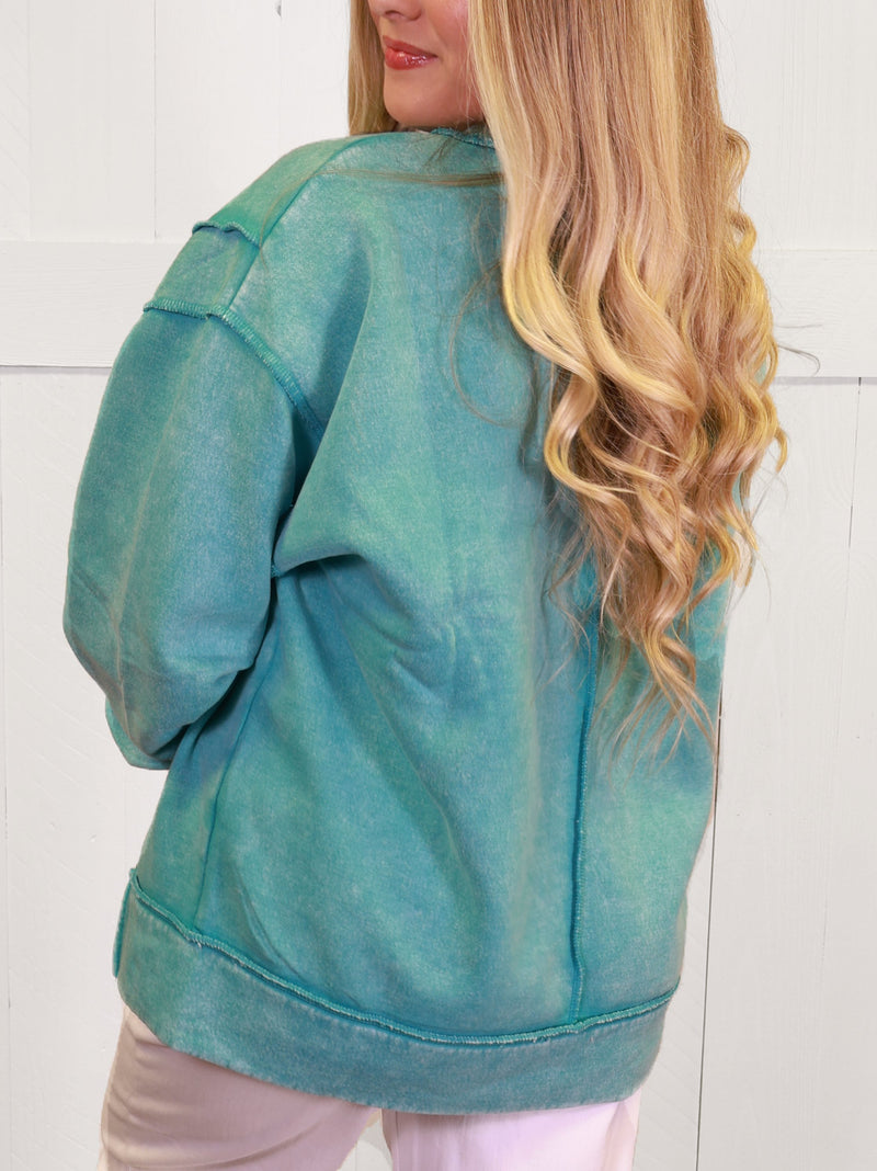 Turquoise Acid Wash Exposed Seam Sweater Pullover Top