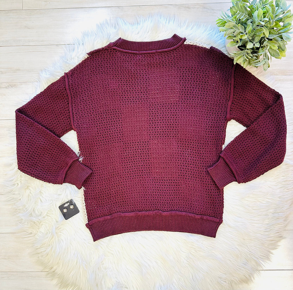 Women’s Evermmee Burgundy and Cream Checkered Sweater Top - True to Size