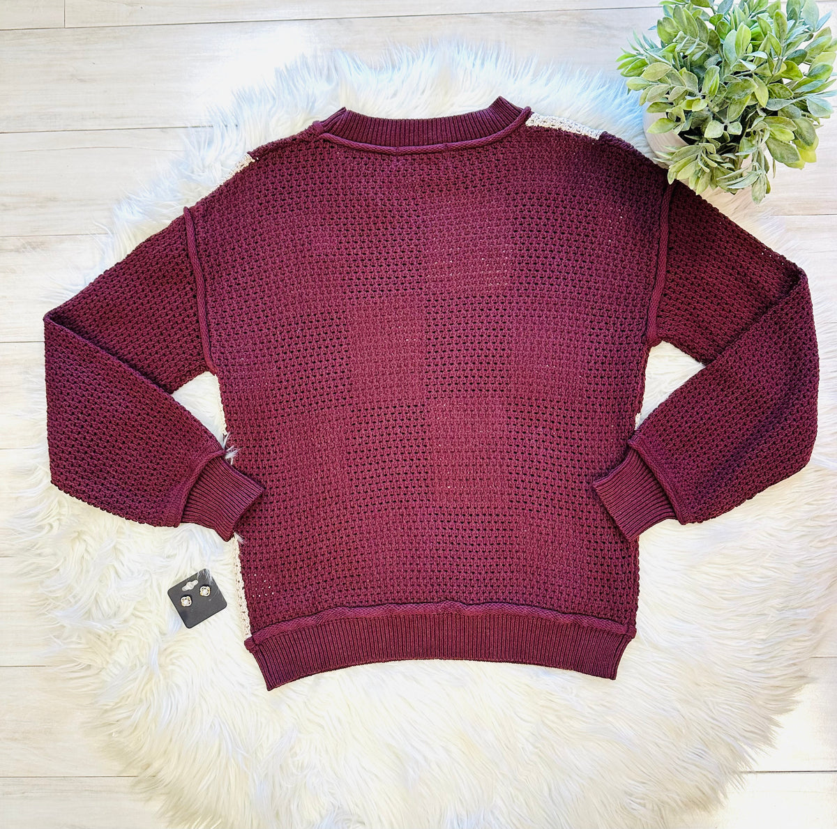Women’s Evermmee Burgundy and Cream Checkered Sweater Top - True to Size