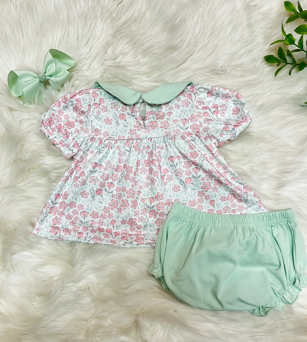 Girl’s Pink and Sage Floral Print Tractor Bubble