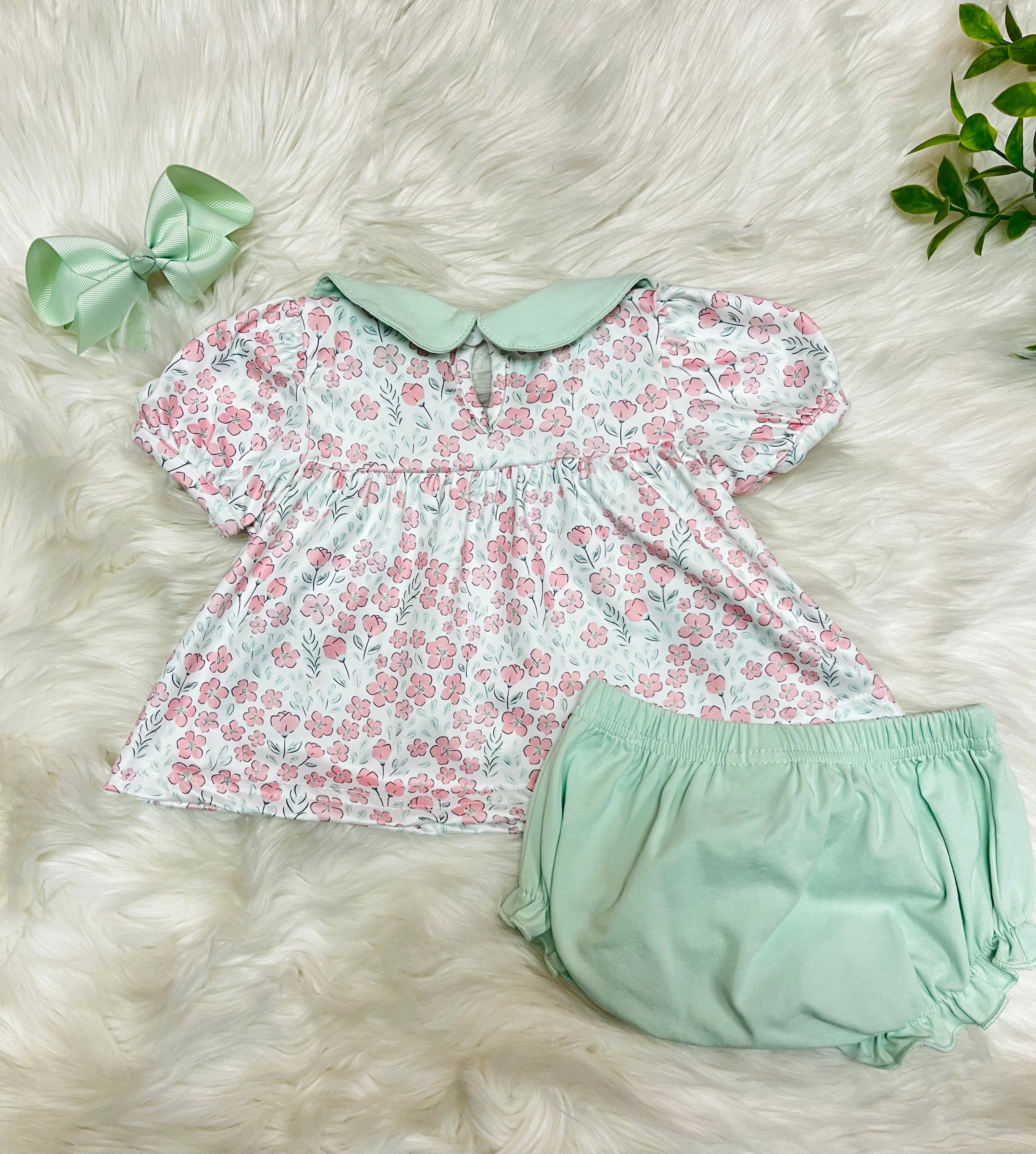 Girl’s Pink and Sage Floral Print Tractor Bubble