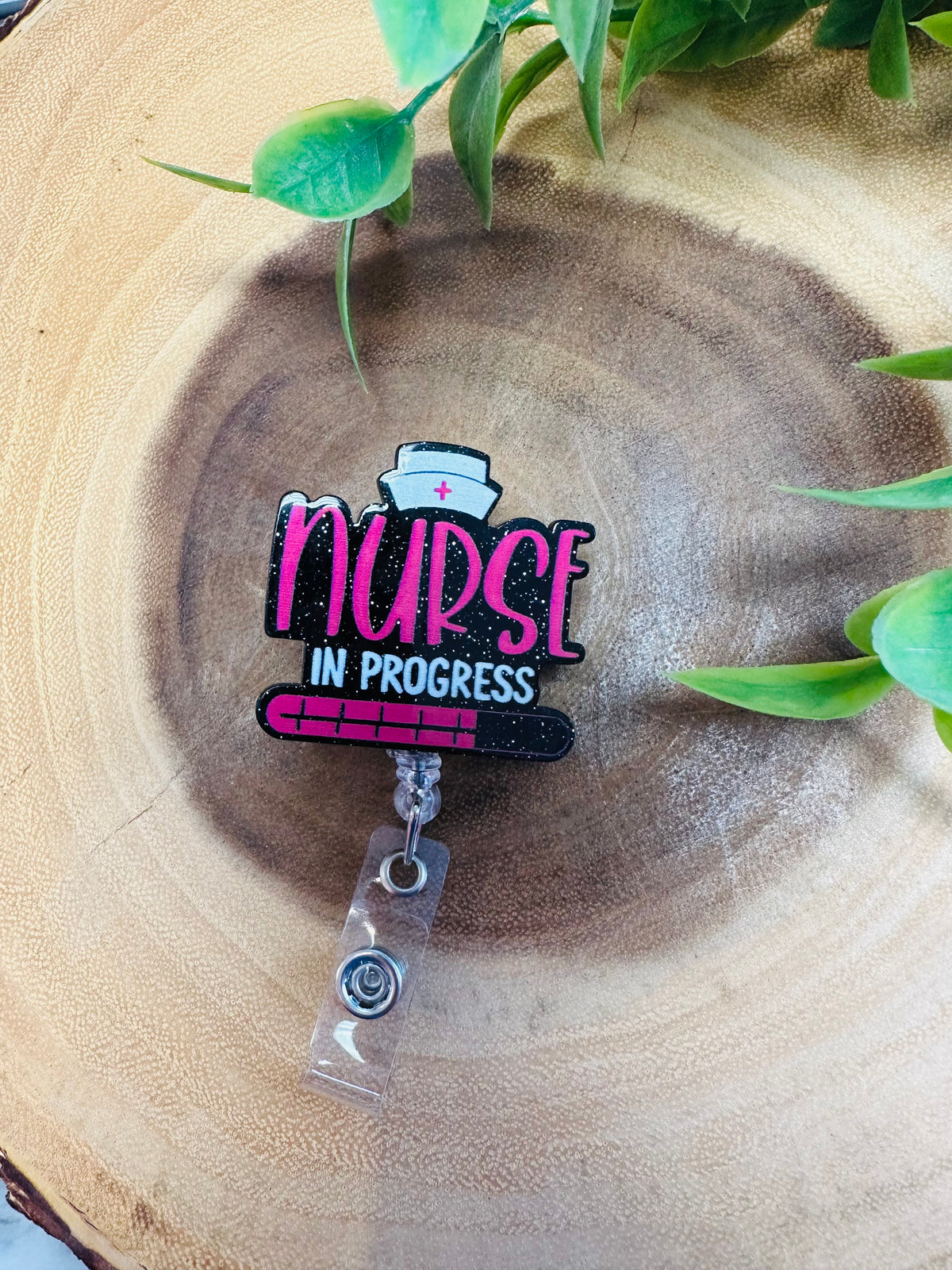 “Nurse in progress” black and pink ID Badge Reel