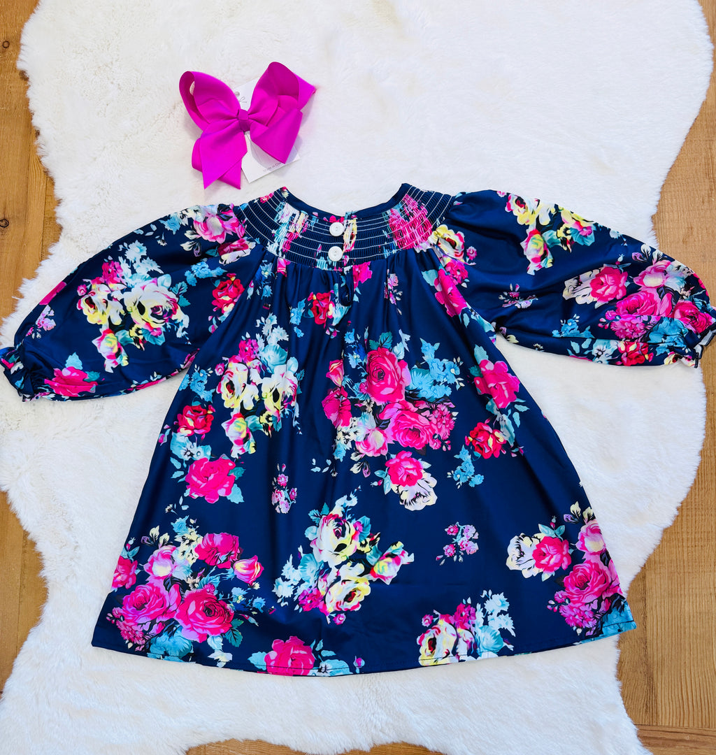 Girls Navy Floral Smocked Dress