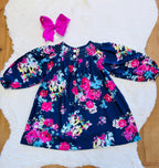 Girls Navy Floral Smocked Dress