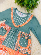 Girl’s Sage Floral Pocket Two- Piece Bell Bottom Ruffle Set