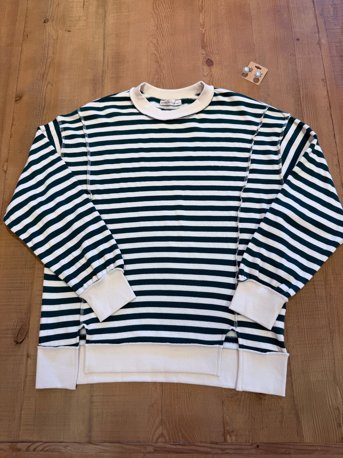 Women’s Zenana Hunter Green Stripe Pullover with side splits
