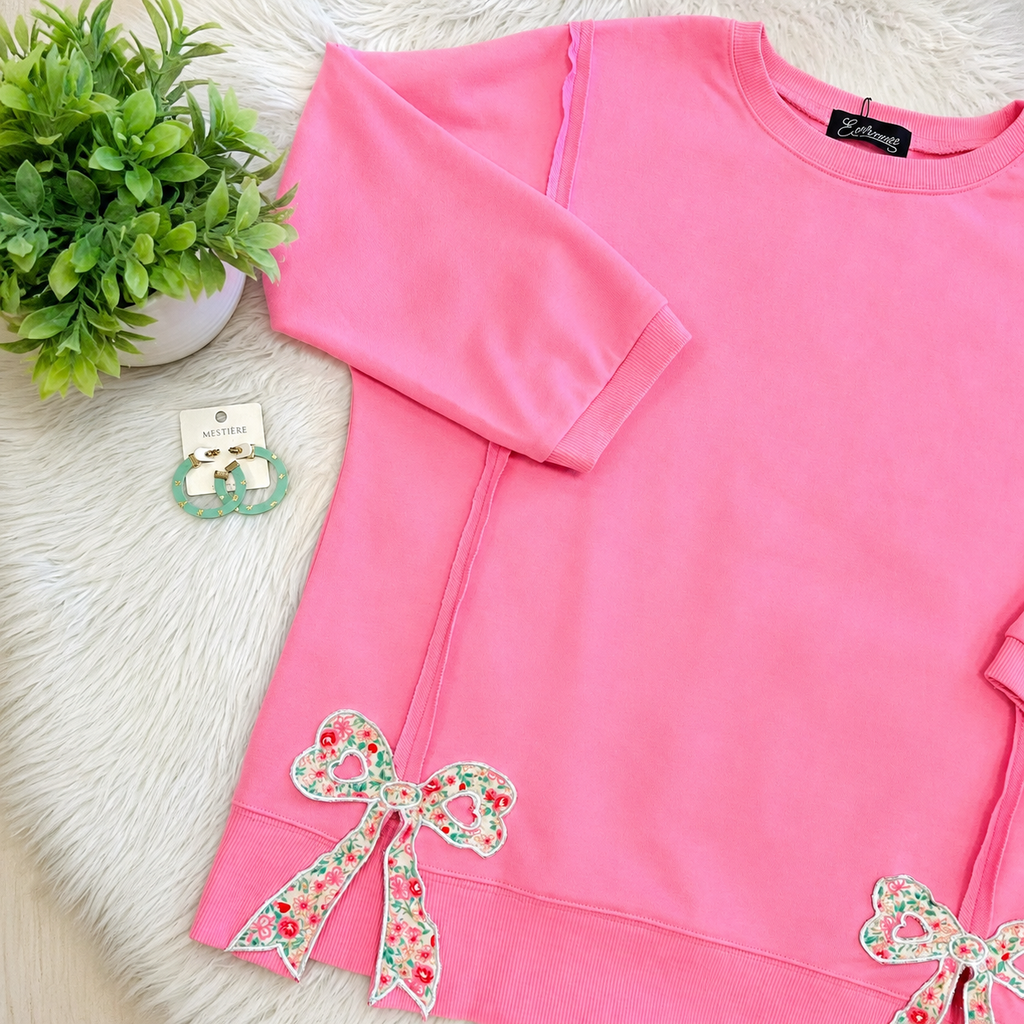 Women’s Evermmee Pink Oversized Top with Floral Bow Patches