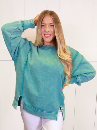 Turquoise Acid Wash Exposed Seam Sweater Pullover Top