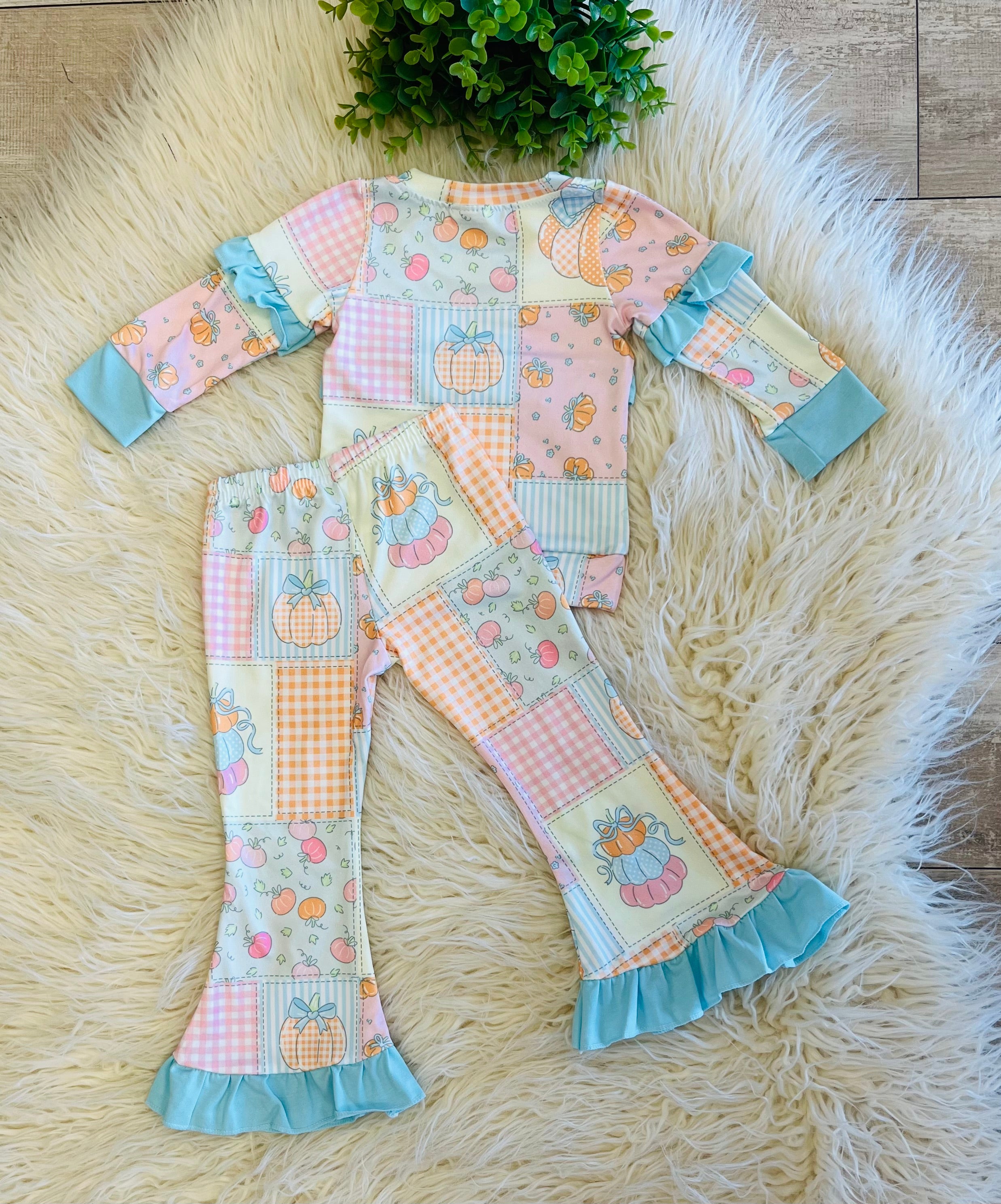 Girl’s Pastel Pumpkin Patchwork Ruffle Two-Piece Outfit