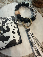 Wristlet ID Badge Pouch Keychain Black Cow Print