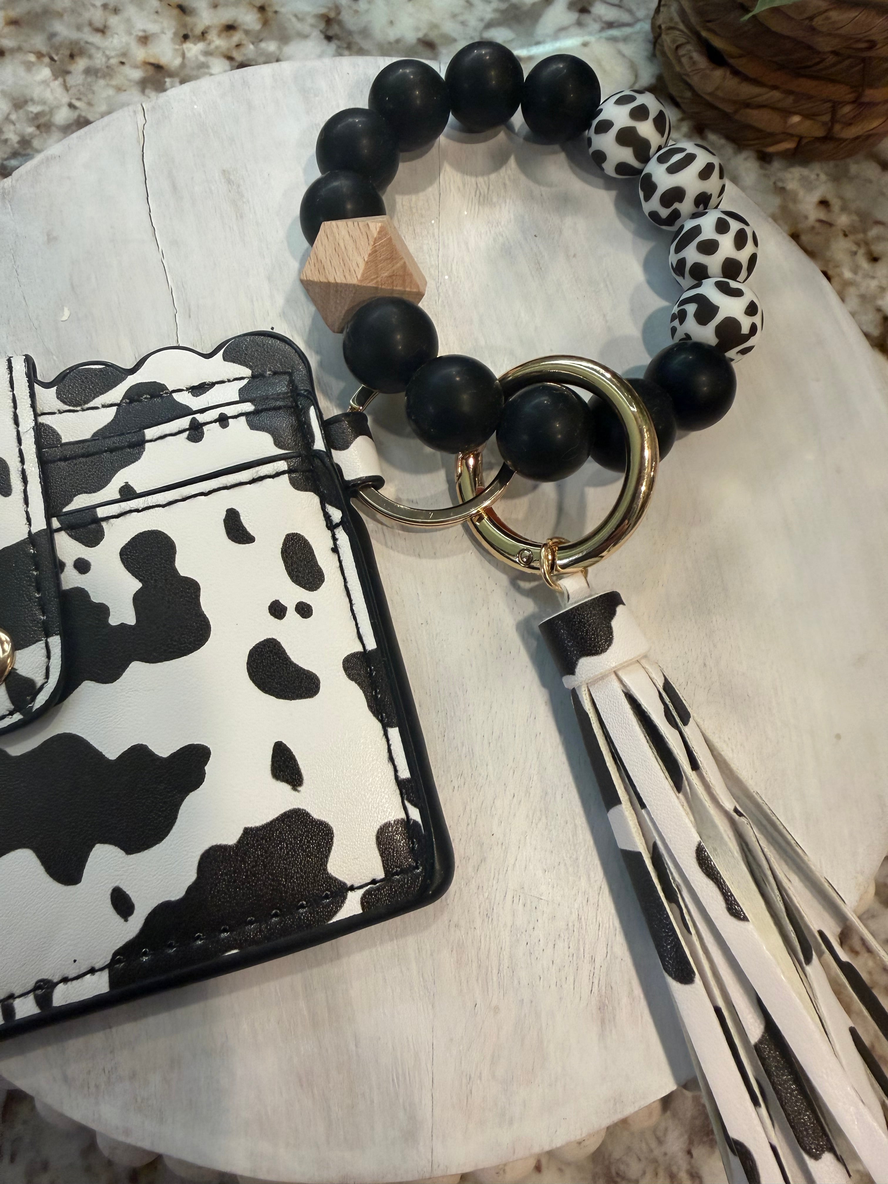 Wristlet ID Badge Pouch Keychain Black Cow Print