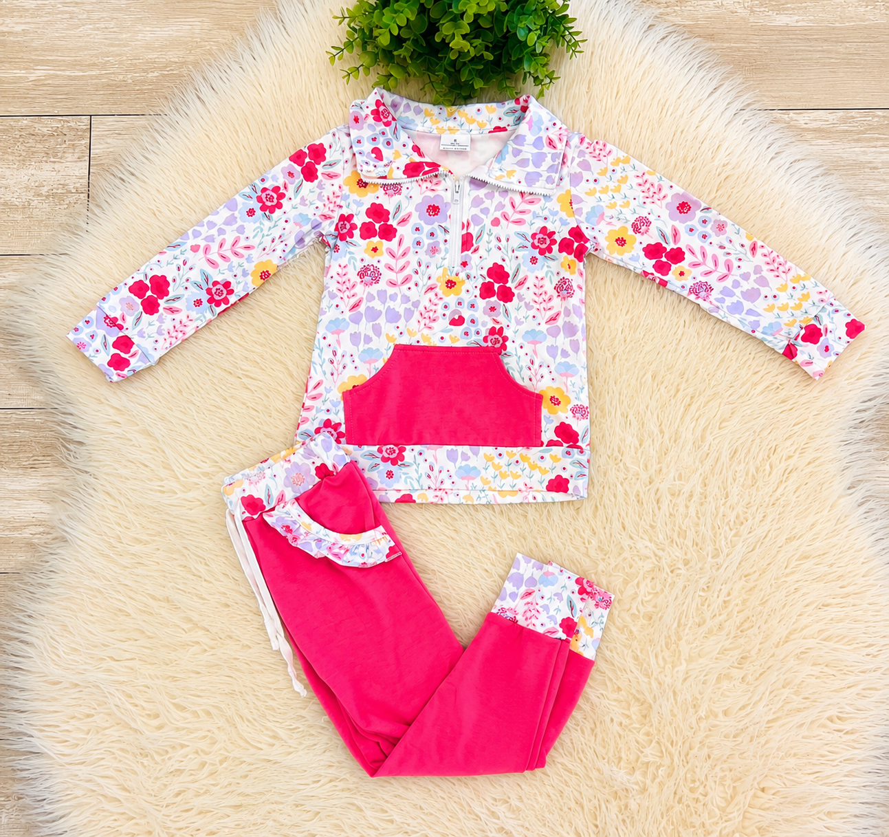 Girl’s Pink Floral Quarter Zip Two Piece Set
