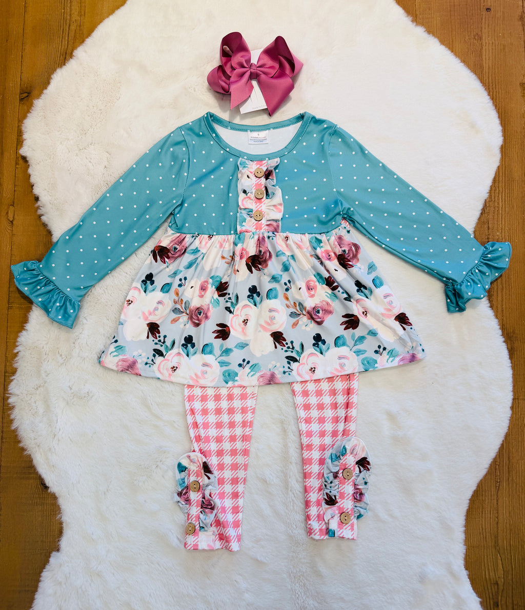 Girls Floral and Plaid Turquoise Outfit