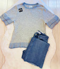 Women’s grey sweater top with blue detail-true to size
