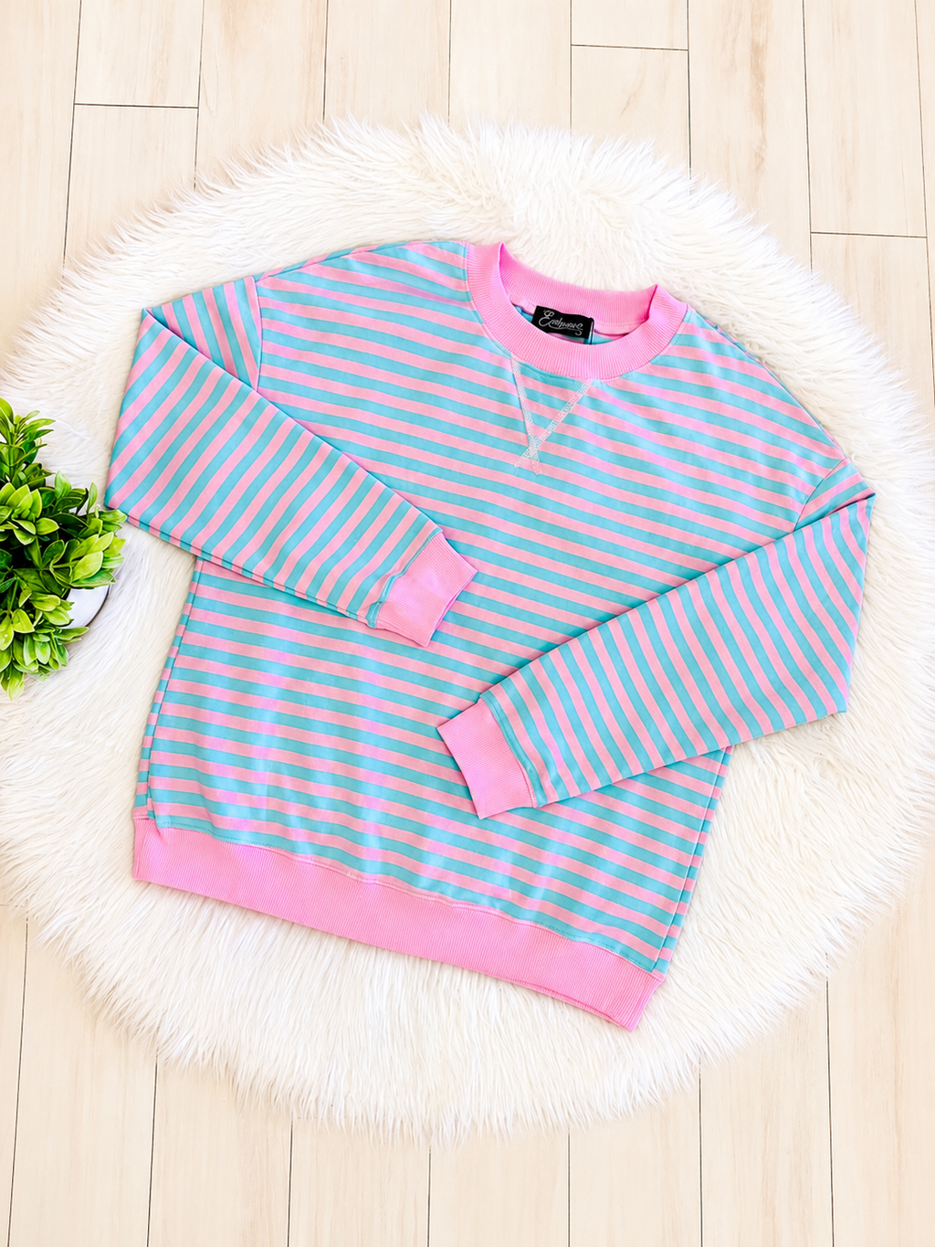 Women’s Pink and Blue Stripe Long Sleeve Short Set