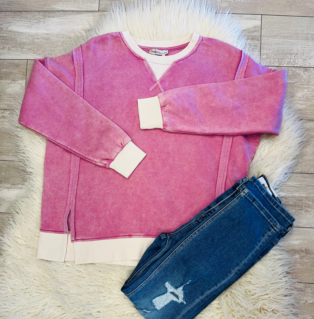 Women’s Zenana Washed Exposed Seam Sweatshirt In Raspberry Pink