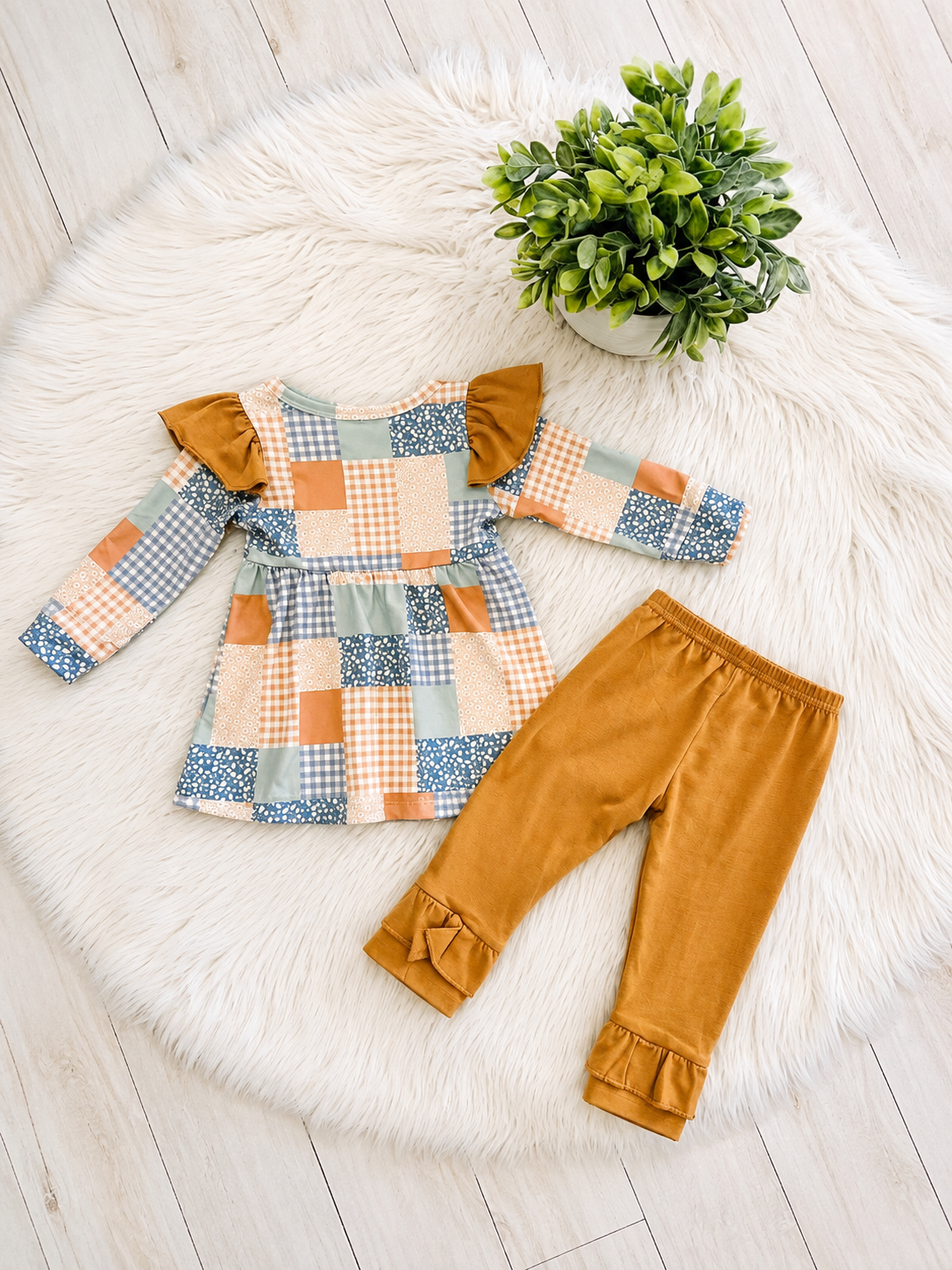 Girl’s Mixed Ruffle Patchwork Brown Pant Outfit Set