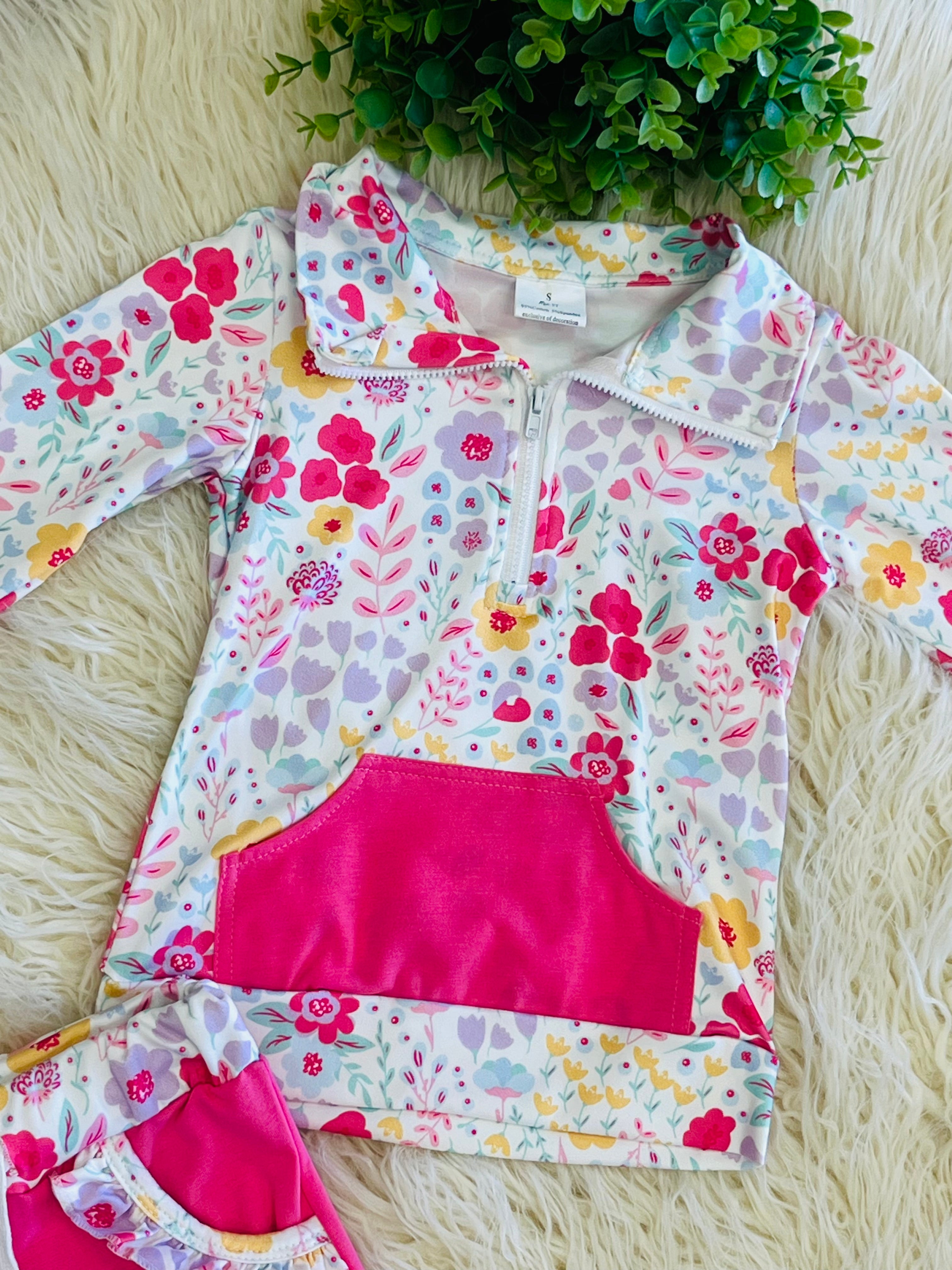 Girl’s Pink Floral Quarter Zip Two Piece Set
