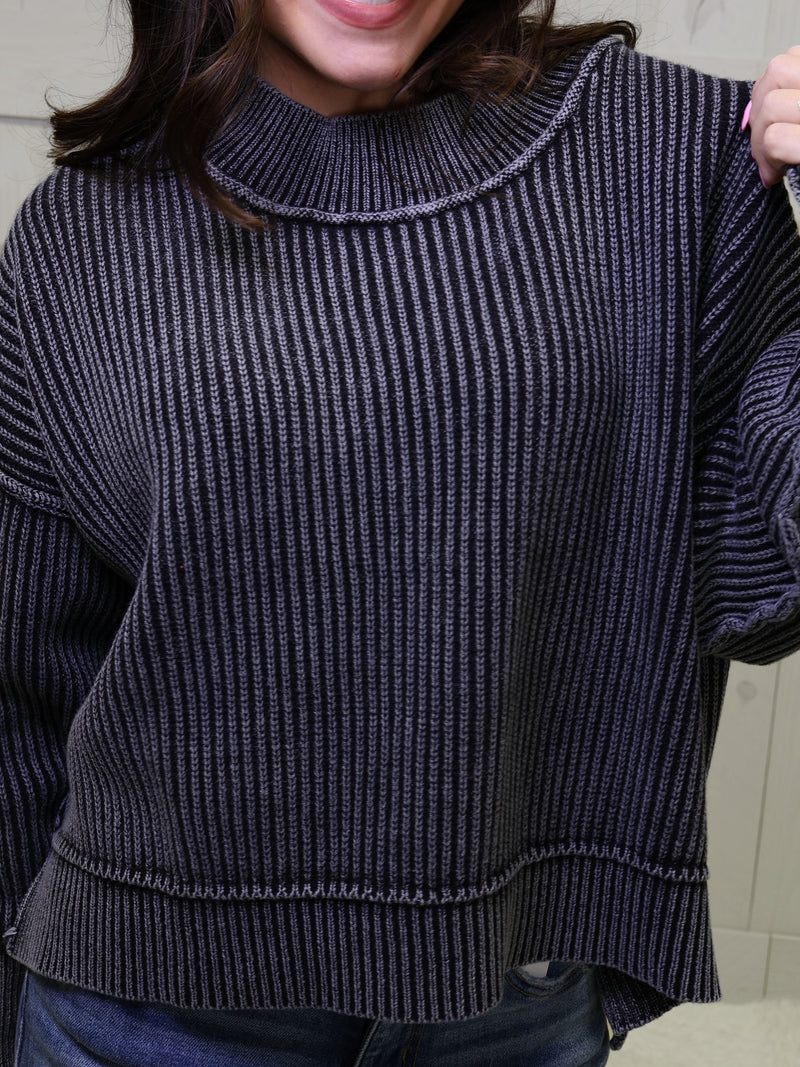 Black Washed Side Slit Oversized Cropped Sweater